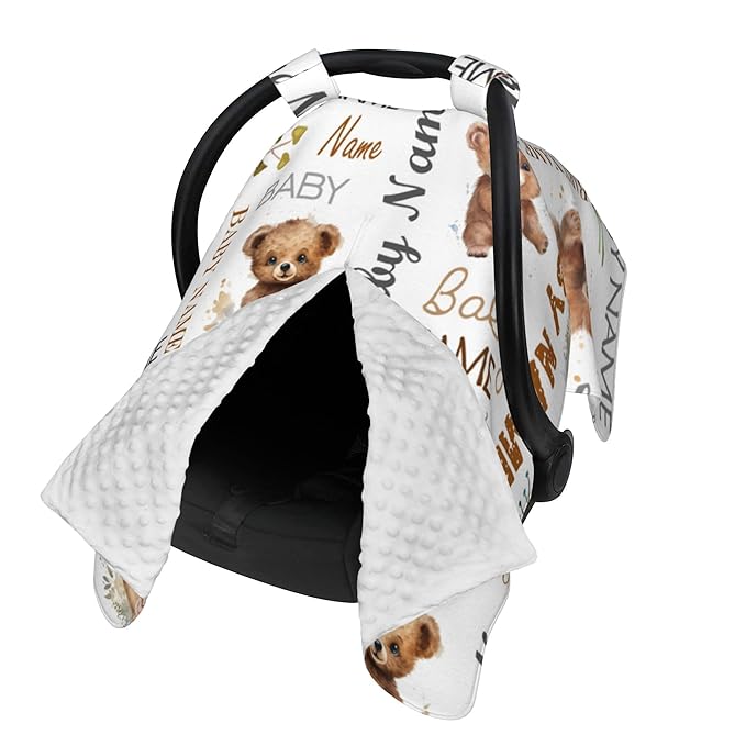 Personalized Baby Car Seat Cover Winter Custom Minky Carseat Cover Boy Girls with Name Bear Carseat Canopy Customized Car Seat Canopy Infant Carrier Covers Nursing Cover Toddler Blanket