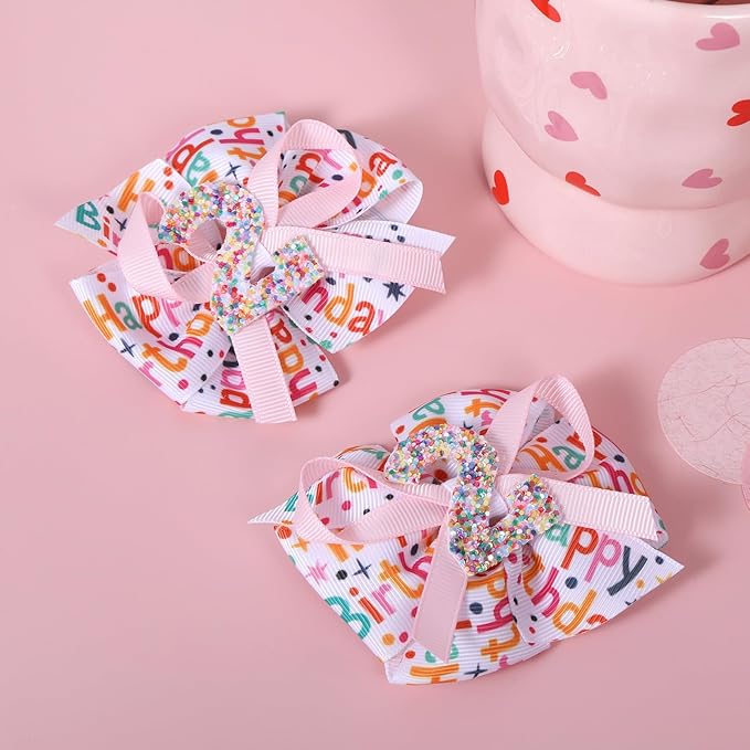 3.5" Glitter Happy Birthday Hair Bow Clips for Baby Girls 1 2 3 4 5 Years Cute Pink Sprinkle Confetti Ice Cream Party Dress Pigtail Decoration Accessories Gift for Her 2nd Birthday