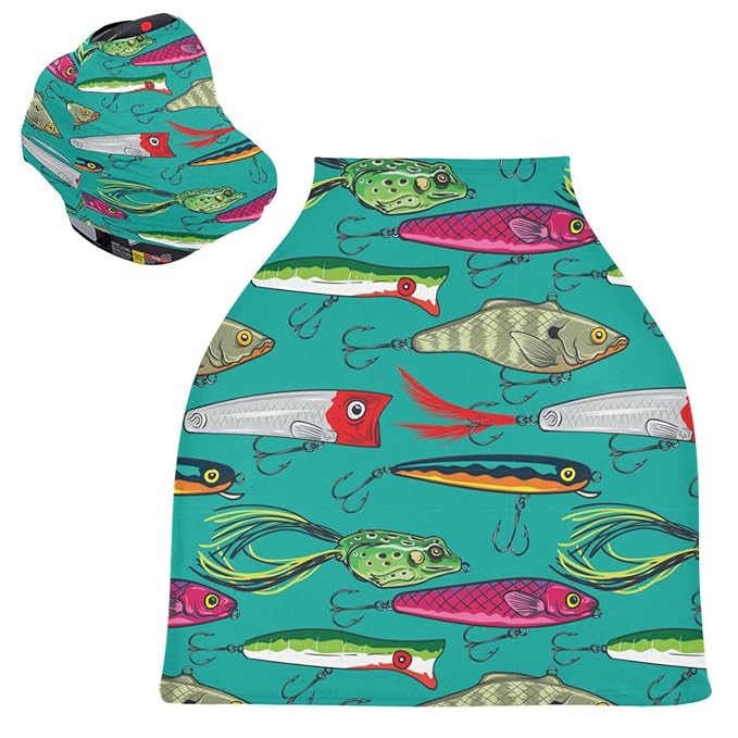 Colorful Fishing Lures Baby Car Seat Covers Colorful Fish Carseat Canopy Soft Infant Stroller Cover Nursing Breastfeeding Covers for Girls Boys Newborn Fit Summer Spring Autumn