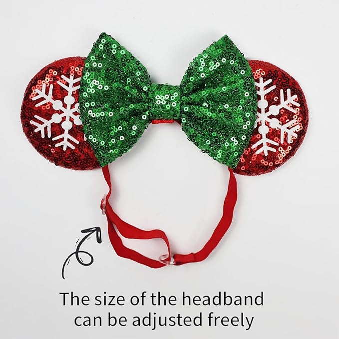 Christmas Red&Green Bow Adjustable Mouse Ears Headband, Elastic Hair Bow Hairband for Infant Toddlers Teens Baby Girls
