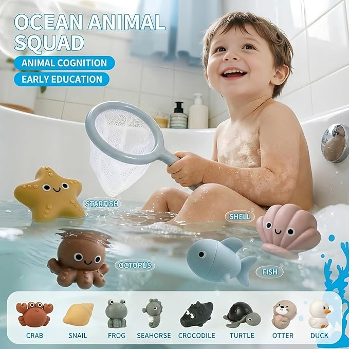 Bath Toys for Toddlers 1-3, 12 Pcs No Hole Baby Bath Toys, Ocean Animal Bathtub Toys for Boys Girls, Toddler Water Table Pool Toys Ages 2-4 4-8, Kids Birthday Easter Gifts