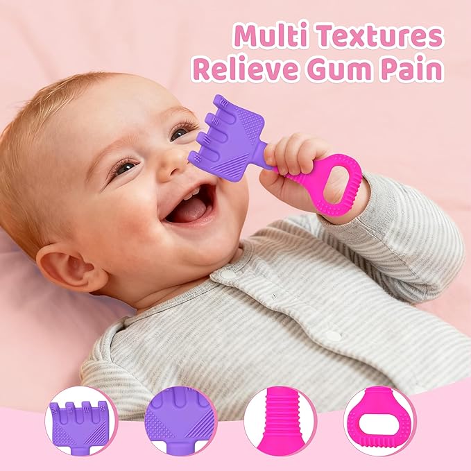 Baby Teething Toys, Baby Teether Toys Shovel & Rake Silicone Teethers for Babies 0-6 Months 6-12 Months, Multi-Texture Gum Massage Teething Relief Easy Grip for Infants Newborn Toddler, 2 Pack