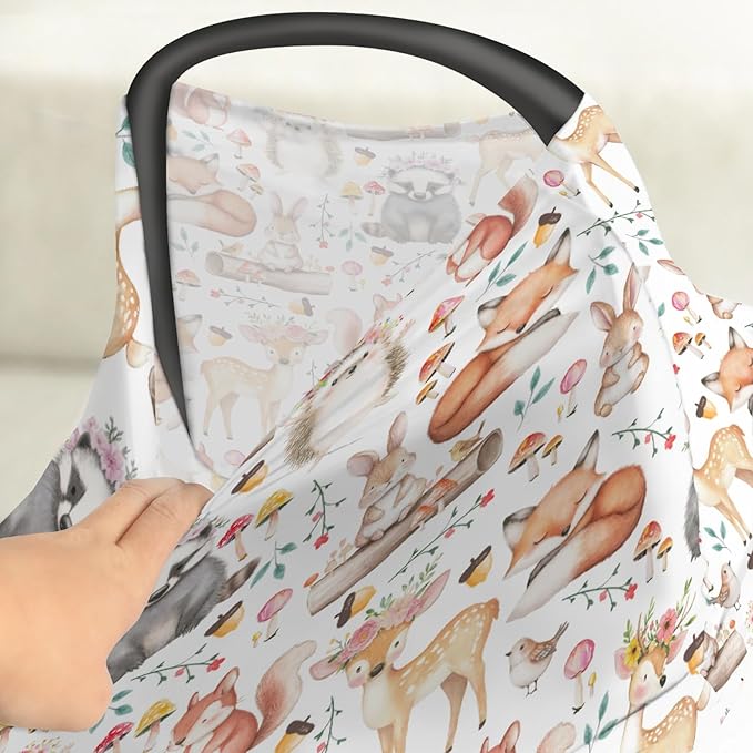 Watercolor Spring Forest Animals Floral Baby Car Seat Covers Deer Hedgehog Squirrel Rabbit Bird Mushroom Stretchy 5-in-1 Cover Adjustable Car Canopy Breastfeeding Covers Breathable Nursing Cover-Up