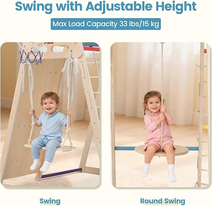 OLAKIDS Indoor Jungle Gym, 9 in 1 Wooden Montessori Baby Climbing Toys with Adjustable 2 Swings Ramp, Monkey Bar Basketball Hoop Ladder Climb Net (Colorful)