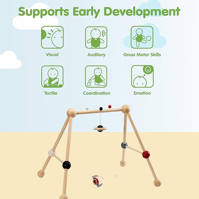 PlanToys® Wooden Baby Play Gym | Eco Friendly Sensory & Tummy Time Toy | Montessori Activity Gym for Newborn Visual Development, Focus, Motor Skills & Early Learning