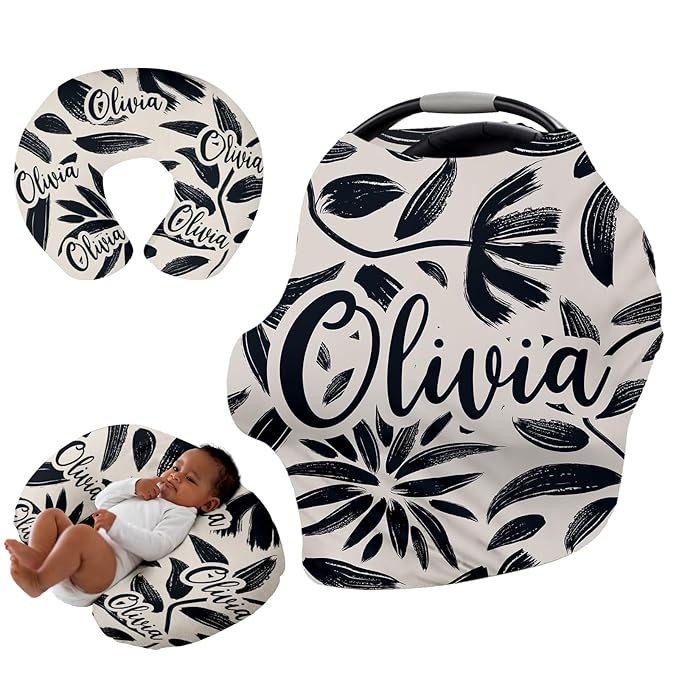 Custom Car Seat Covers for Babies - Breathable Baby Car Seat Cover for Girls Boys, Kick-Proof Newborn Carrier Canopy Stretchy Stroller Cover for 4 Seasons Black Printing