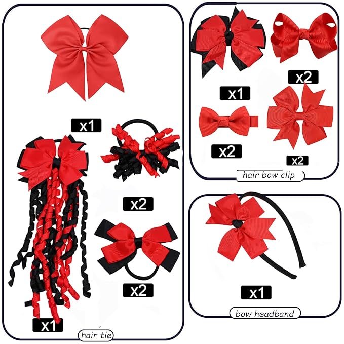 School Hair Accessories Set 14 Pcs Uniform Hair Bow Headband Clips Hair Ties Curly Korker Bows for Little Toddler School Girls (Red Black)