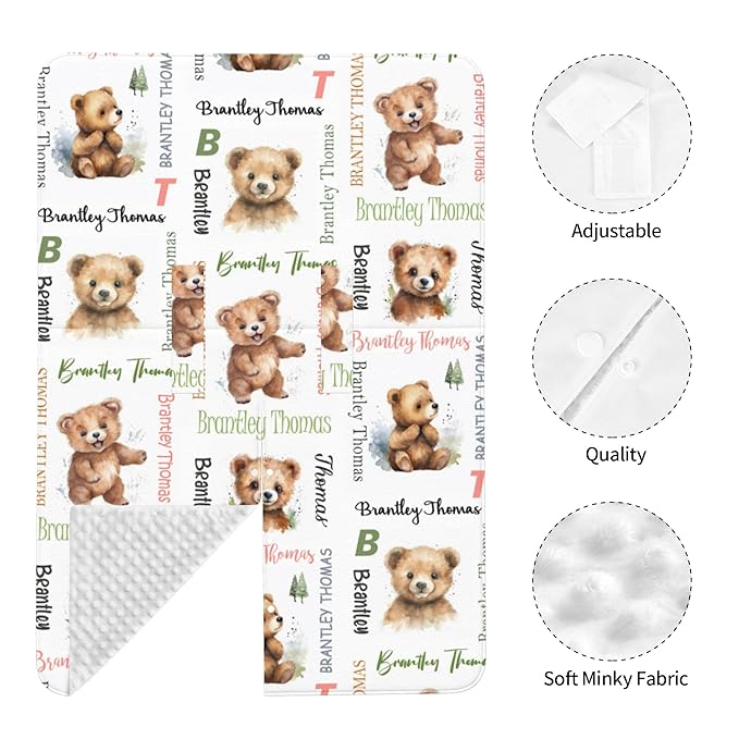 Personalized Baby Car Seat Canopy Minky Bear Baby Blanket Custom Name Baby Car Seat Cover Girls Boys Infant Newborn Carseat Canopy Nursing Cover for Stroller Car Seat Canopies