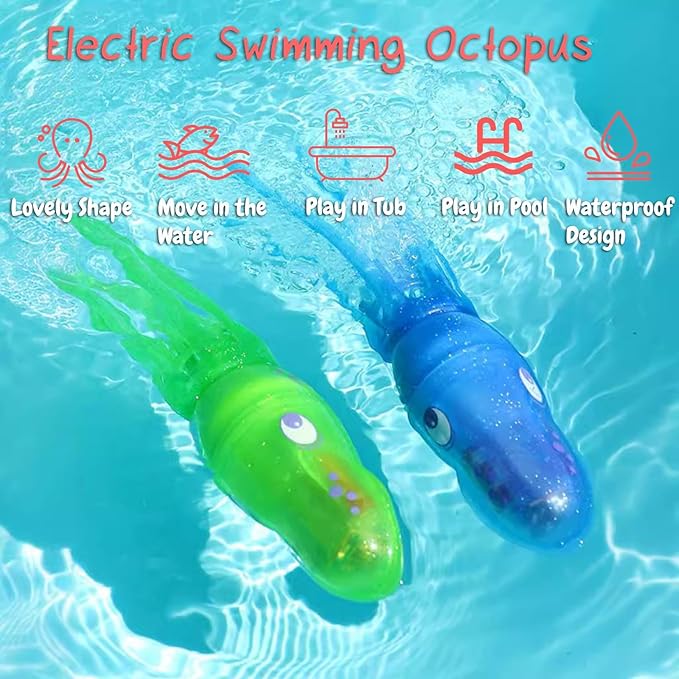 Electric Swimming Octopus Bath Toy – Waterproof LED Light-Up Tub Toy for Toddlers, Cute Soft Tentacles, Safe BPA-Free, Fun Shower & Pool for Boys Girls (Red)