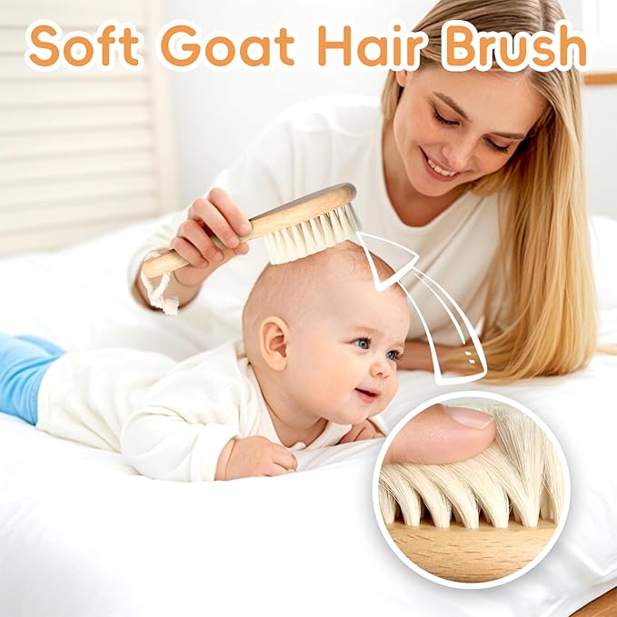 Baby Hair Brush, 2PCS Wooden Goat Bristles Hair Brush with Silicone Hair Scrubber Cradle Cap Brush for Newborn, Toddler, Boys, Girls Perfect Scalp Grooming Product (White)