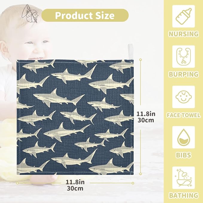 vvfelixl Sharks in Ocean Baby Burp Cloths Baby Muslin Washcloths for Boys Girls Cotton Babys Face Towel for Newborn Infants Soft and Absorbent 11.8 X 11.8 in, 5 Pack