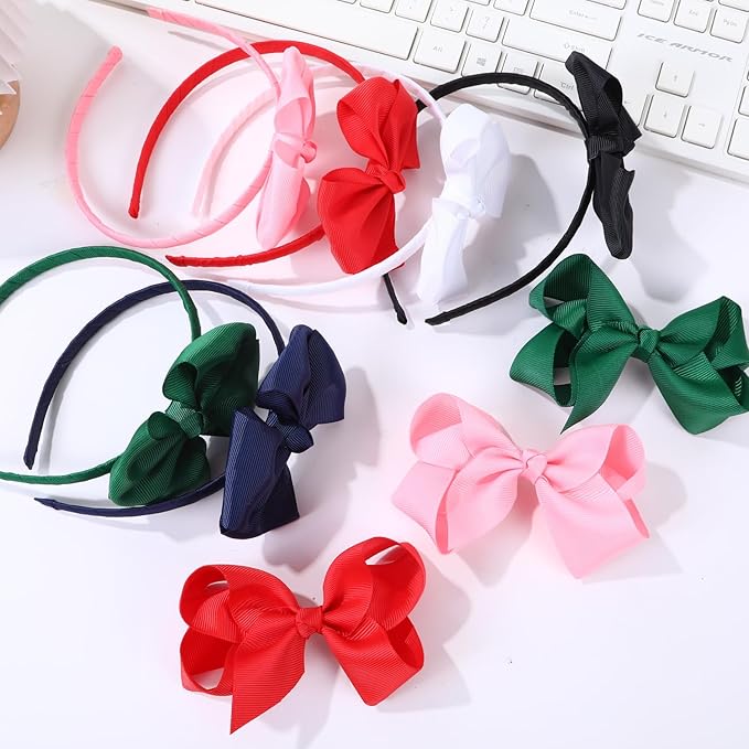 Bow Headband & 2 Pcs 4 Inch Hair Bows Set, Black School Hair Accessories for Little Toddler School Girls (Navy)