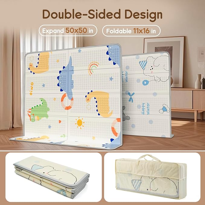 Foldable Baby Play Mat, PIGLOG 50" x 50" Waterproof Playmat for Playyards for Babies, Safe Foam Playmat for Tummy Time, Reversible Playmats, Portable Floor Mat for Infant, Toddler，Dinosaurs + Rainbow