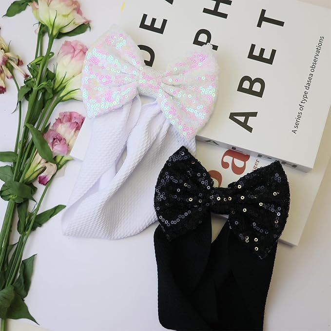 Black Sequin Bow Baby Headbands, White Big Bows for Baby Girls Hair Bow Baby Girl Elastic Wide Hairbands for Baby Girls Newborn and Infant Hair Accessories Unisex-Babies Gift