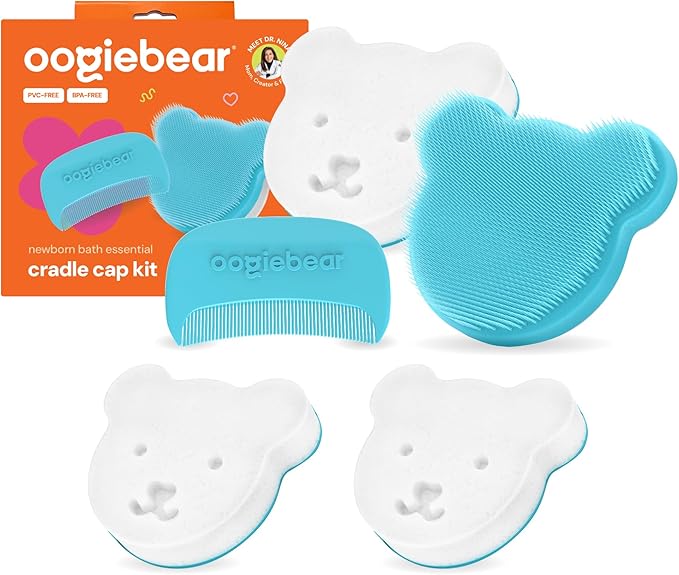 oogiebear Cradle Cap Brush Kit Includes 2 Additional Replacement Sponges – Gentle and Safe Scalp Massage Care with Sponge, Brush, and Comb for Newborns and Babies