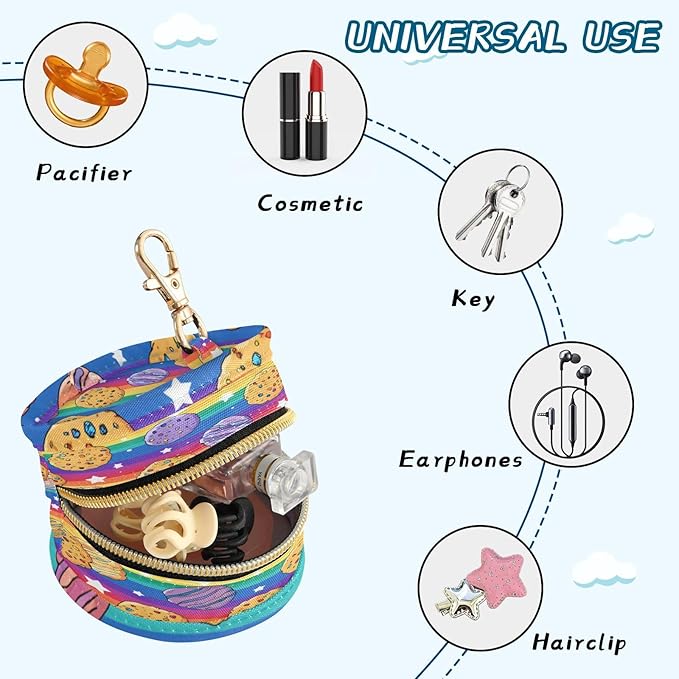 Pacifier Holder with Clip Pacifier Case for Diaper Bag Round Baby Pacifier Pouch Box Bag Portable Rainbow Stripes Cookies Stars