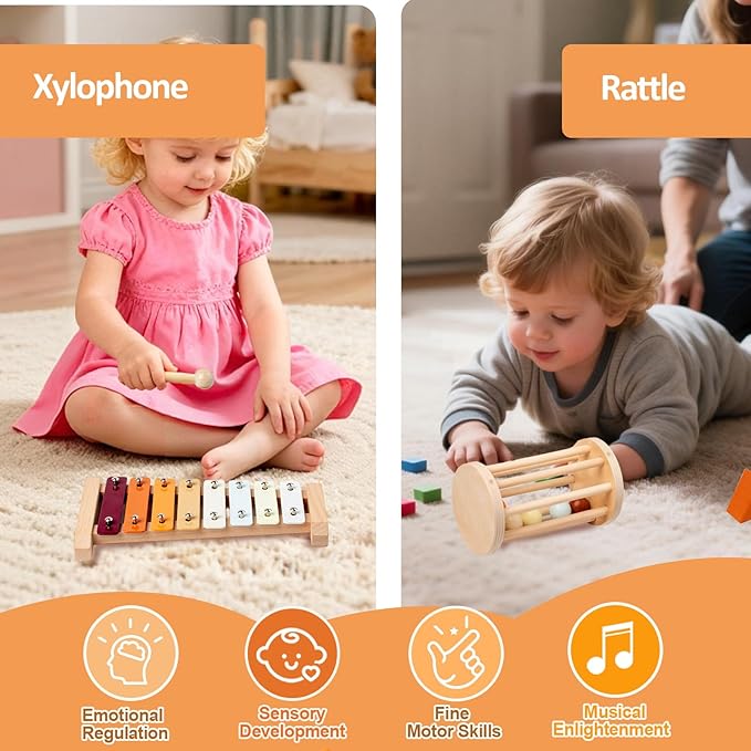 Wooden Montessori Toys for 6-12 Months,Montessori Baby Blocks Toy for 6-12-18 Months,Shape Sorting,Xylophone,Development Toys for Girls Boys Birthday Chiristmas Gifts