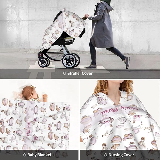 Personalized Baby Car Seat Canopy with Name – Custom Hot Air Balloon Minky Nursing Cover for Girls, Soft Stroller Cover for Infants & Newborns, Carseat Canopy for Breastfeeding