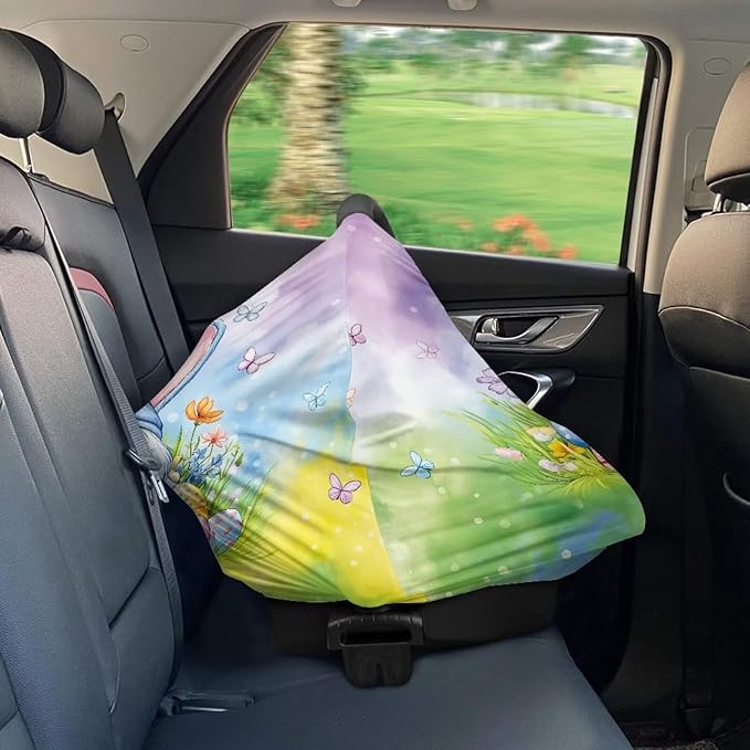 Wanyint Baby Car Seat Covers Nursing Scarf Car Seat Canopy Shopping Cart Cover and High Chair Cover Protect Babies and Breastfeeding Mothers, Gnome Easter Rabbit Ears Eggs Flower