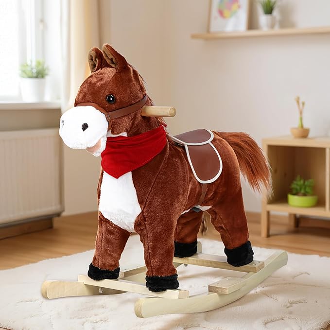Rocking Horse for Toddlers Ages 1-6, Plush Ride On Toy with Sounds Moving Mouth & Wagging Tail, Interactive Wooden Rocker for Kids, Baby Rocking Chair Toys up to 120kg (Dark Brown Small)