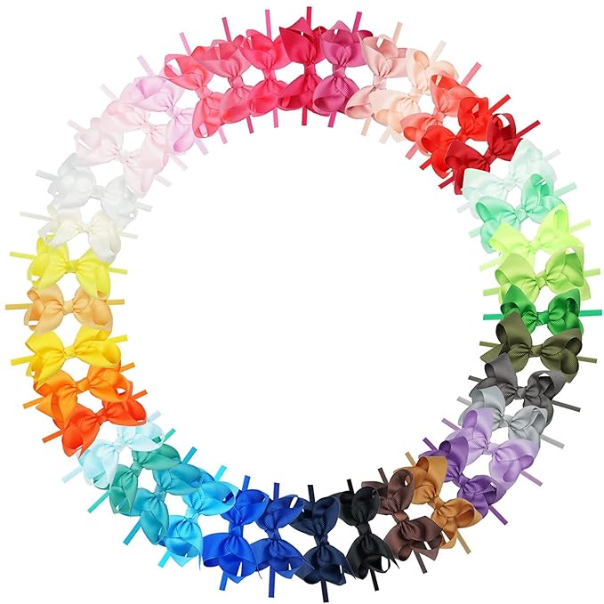 CÉLLOT 40 Colors Baby Bow Headbands 3" Hair Bows Super Soft Nylon Headbands for Baby Girls Infants preemie and Newborn Kids Hair Accessories