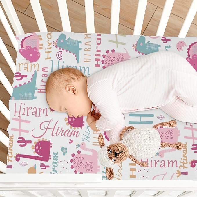 Personalized Pink Dinosaur Pack and Play Sheets for Baby Girls Boys, Custom Mini Crib Fitted Sheet with Name, Customized Name Multiuse Sheets for Pack & Play, Playard, Playpen, Mini Crib Mattress