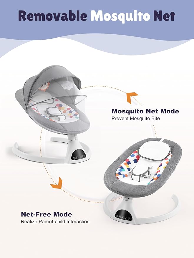 Baby Swing for Infants - Electric Portable Bluetooth Baby Rocker with 5 Speeds, 5-Point Harness, Remote Control, Timing & Music Speaker Max 20 Lbs (Gray)