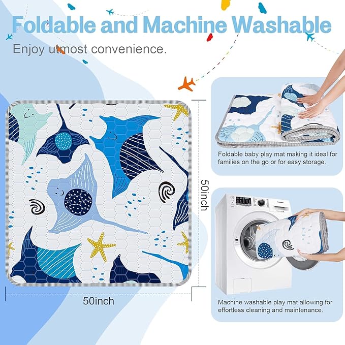 Omzer Baby Play Mat, 50x50 Inch Thick & Soft Cushioned Playmat for Playpen, Non-Slip Floor Mat for Crawling Infants & Toddlers with Safety Silicone Backing, Machine Washable - Blue