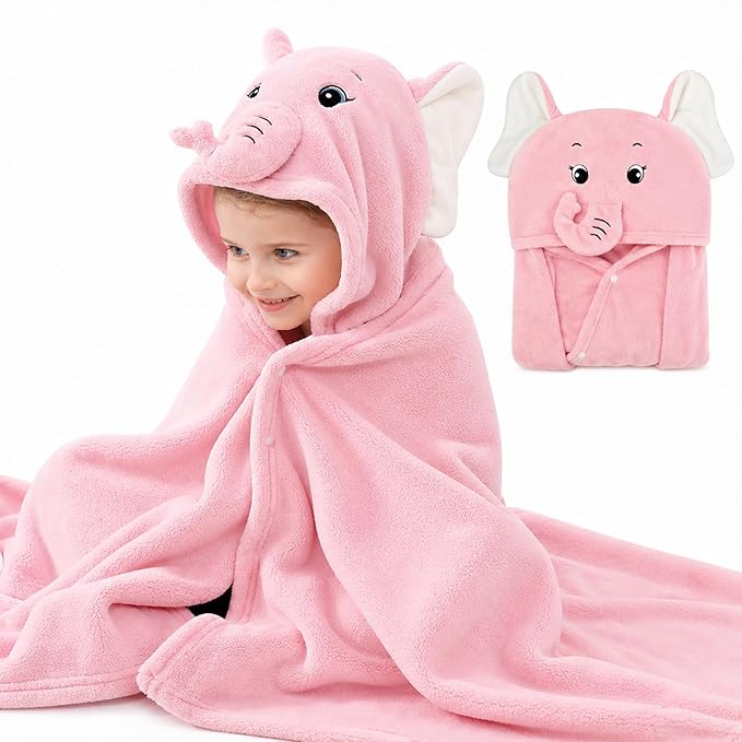 ROMASA Baby Bath Towel Ultra Soft Hooded Towel Highly Absorbent Bathrobe Blanket Toddlers Shower Gifts for Boys Girls-27.5" x 55" (Pink Elephant)