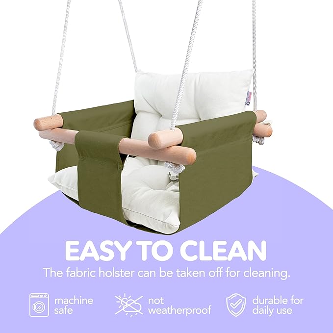 CaTeam - Canvas Baby Swing, Wooden Hanging Swing Seat Chair with Safety Belt, Durable Baby Swing Chair, Outdoor and Indoor Swing for Kids, Mounting Hardware Included, Green
