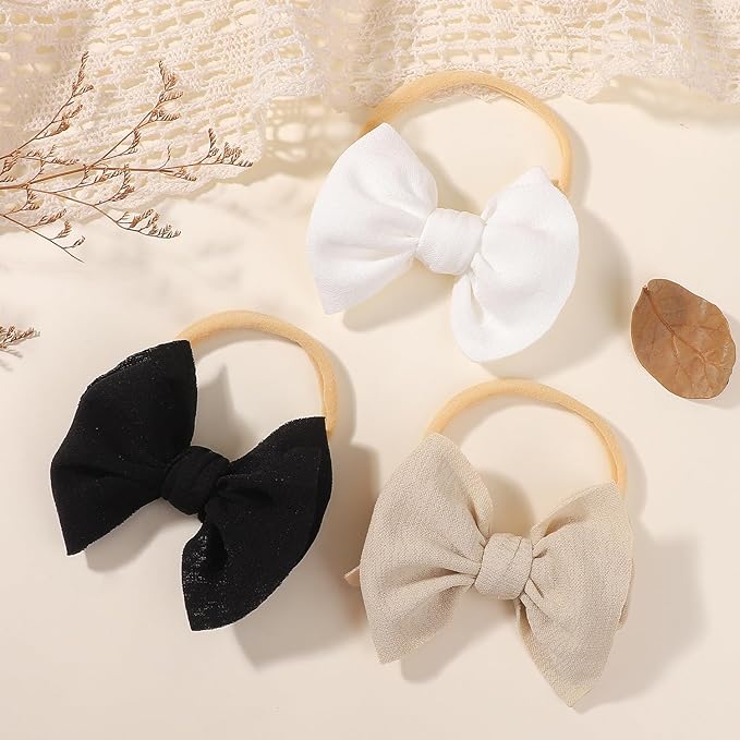 yoyokid 3PCS 4" Baby Girls Bow Headband, Elastic Nylon Hairbands Soft Baby Hairbands with Bows Hair Accessories for Newborn Infant Toddler, Beige Black White