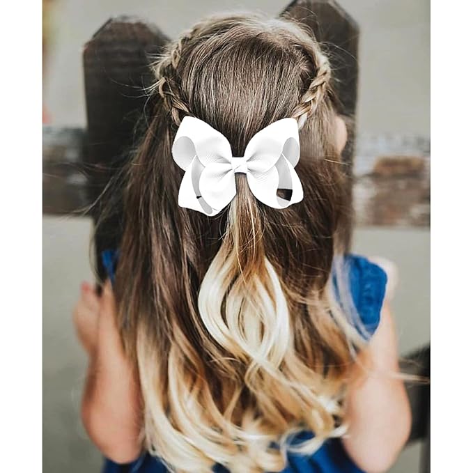 2 PCS 6inchs Hair Bows for Girls Grosgrain Ribbon Hair Bow Alligator Clips Hair Accessories for Baby Girls Toddlers(White)