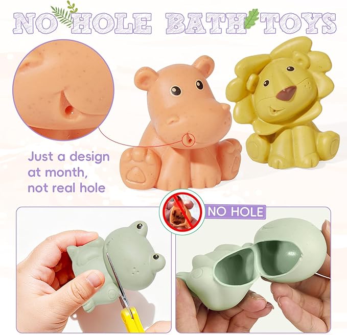 Baby Bath Toys, 9 Pack | Sealed, No Hole & Mold Free Bath Toys for Babies 6-12 Months | Soft, Squeezable & Float on Water | Safe, Easy-Grip Toddler Bath Toy Set | Baby Water Pool Toys-Wild Animal