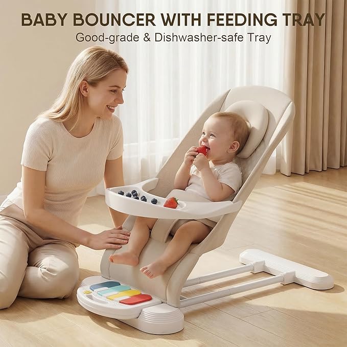 Monamii Baby Bouncer, Baby Bouncer Seat with Detachable Pianos & Feeding Tray, 3-Level Adjustable Positions Bouncing Seat, Infant Bouncer Seat and Toddler Chair (Beige)