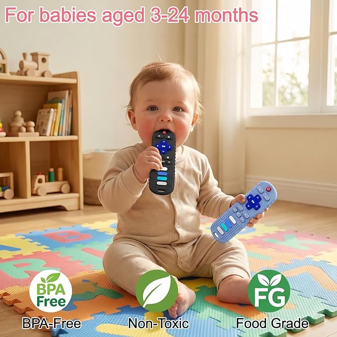 2Pcs Baby Teething Toys, BPA-Free Food Grade Silicone Baby Remote Control Teething Toy for 3-18 Months, Baby Remote Teether, Newborn Teething Relief TV Remote Shaped Toy (Black&Blue)