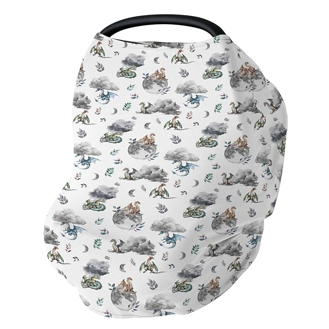 Watercolor Dragons Car Seat Covers for Babies Fairytale Dragon Wings Leaves Stretchy 5-in-1 Cover Adjustable Infant Carseat Cover Canopy Dragon Moon Clouds Breathable Nursing Cover-Up