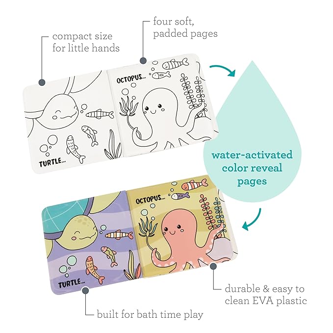 Infantino Color Reveal Bath Book, Baby & Toddler Water Reveal Book for Bath Time Fun, Ocean Theme, Mess-Free, Soft EVA Plastic, Reusable Color-Changing Pages