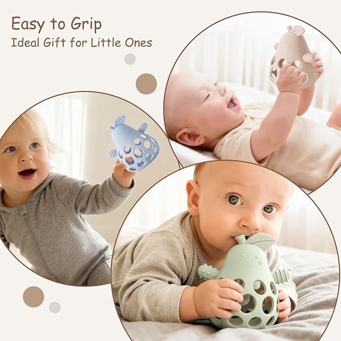 Baby Teething Toy Silicone Teether for Infants, Pear-Shaped Design with Easy-Grip Hole and Nipple-Shaped Ends for Gum Massage & Sensory Development, BPA-Free Safe Baby Chew Toy YIVEKO-Ivory+Blue