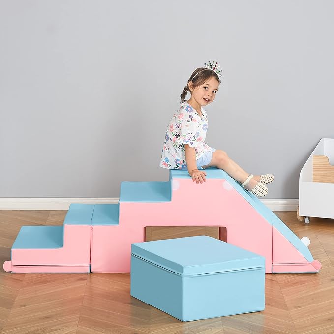 Qaba Toddlers Climbing Toys, Foam Climbing Blocks, 2 Pieces PU Leather Soft Play Set Indoor for Crawling or Sliding Aged 1-3 Years, Multicolor