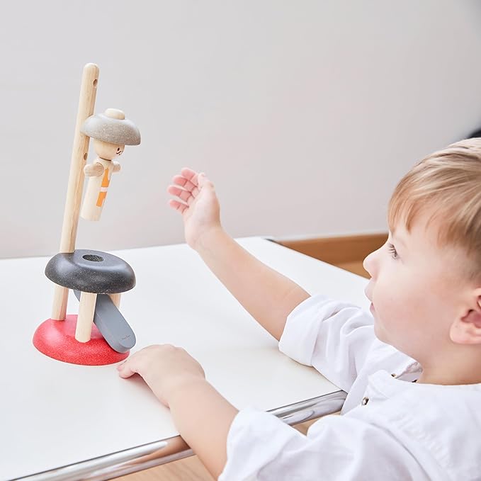 PlanToys® Wooden Jumping Acrobat Toy | Montessori Inspired Cause & Effect Toy for Force Control, Coordination & Reaction Play | Eco Friendly Push & Jump Learning Activity