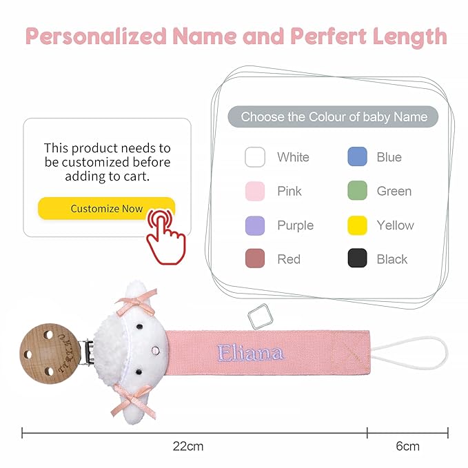 TYRY.HU Personalized Pacifier Clip with Name for Girls, Customize Pacifier Leash, Embroidery Soft Ribbon Pacifier Holder Clips, Universally Fit All Pacifiers & Toys, White Sheep