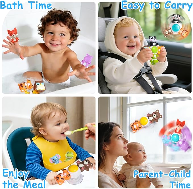 3PCS Cute Safari Animals Suction Spinner Toys for Babies, Detachable Soft Animal Figurines Finger Puppet, Bath Toy for Toddler Ages 1-3, Montessori Toys Birthday Gifts for Boys and Girls 12 Months+