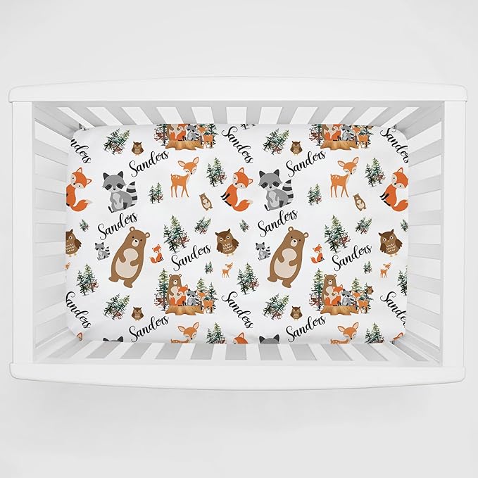Personalized Pack n Play Sheets for Baby Boys/Girls - Custom Woodland Animal Fitted Sheet - Breathable Material