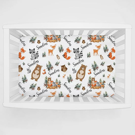 Personalized Pack n Play Sheets for Baby Boys/Girls - Custom Woodland Animal Fitted Sheet - Breathable Material