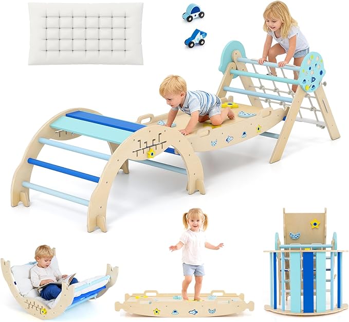 Olakids Pikler Triangle Set, 13 in 1 Astronaut Theme Foldable Wooden Montessori Toddler Climbing Toys Indoor with Cushion Ramp Arch Ladder Net