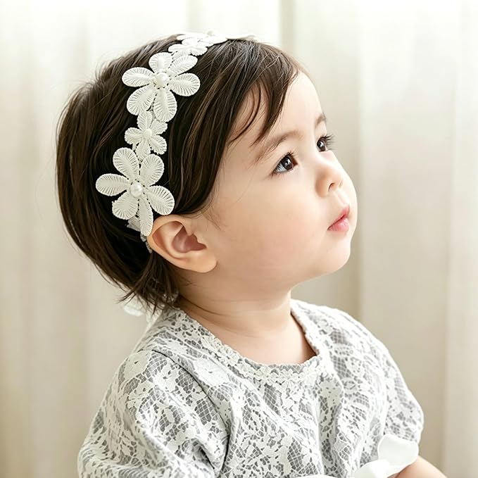 Baby Girls Flower Headbands Cute Kids Christening Headband Soft Lace Hairbands Floral Crown Newborn Infant Toddlers Hair Accessories for Birthday Party Photography(Big White Flower)