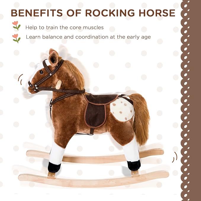 Qaba Kids Rocking Horse Plush Ride On Toy Toddler Rocker for Boys Girls Gifts with Realistic Sounds, Brown