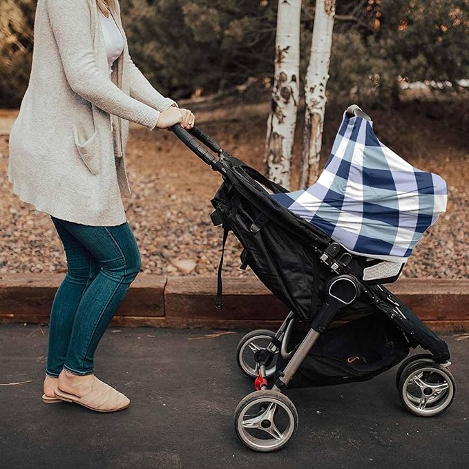 Blue White Plaid Car Seat Covers for Babies, Modern Geometric Checkered Lattice Nursing Breastfeeding Covers Stretchy Breathable Baby Carseat Canopy Cover for Girls and Boys Shower Gifts