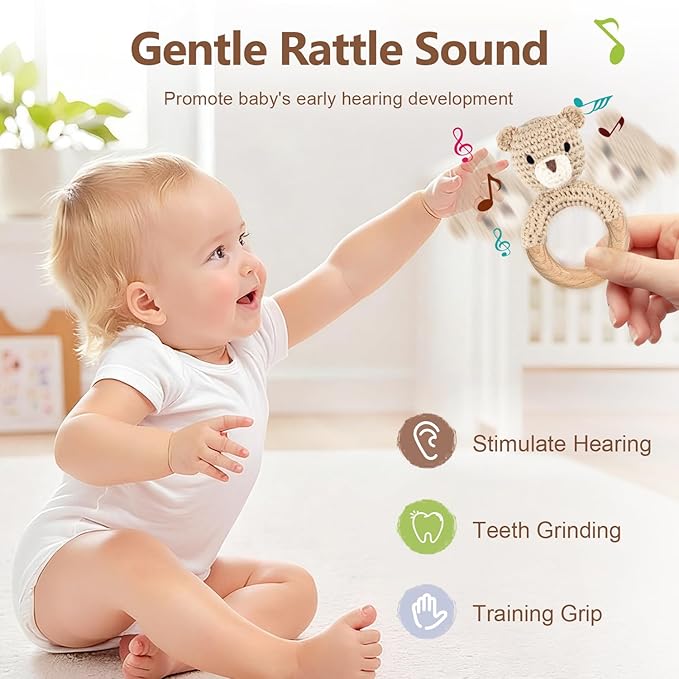 Wooden Baby Rattle, Handmade Crochet Stuffed Animal Organic Rattle Toys, Beige Bear Rattles for Babies 0-6 Months with Wood Teething Rings, Baby Announcements Ideas