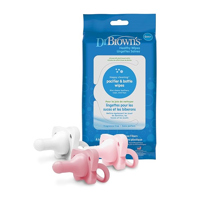 Dr. Brown's HappyPaci 100% Silicone Pacifier 0-6m, BPA Free, White, Pink, Light Pink, 3 Pack and Pacifier and Bottle Wipes, 40 Count